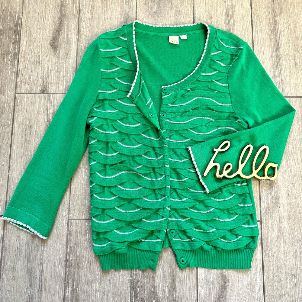 Anthropologie Winter Waves Cardigan Green Scallop Snap 3/4 sleeve size medium
